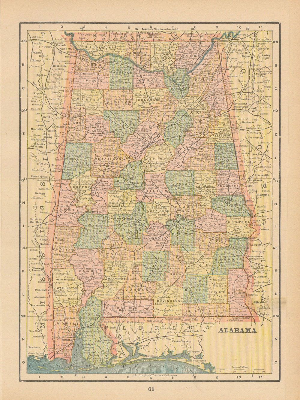 Alabama state map in counties. CRAM 1894 old antique vintage plan chart