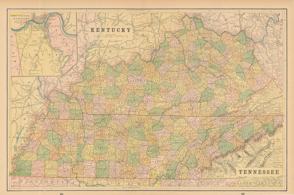 Kentucky & Tennessee state map in counties. CRAM 1894 old antique chart