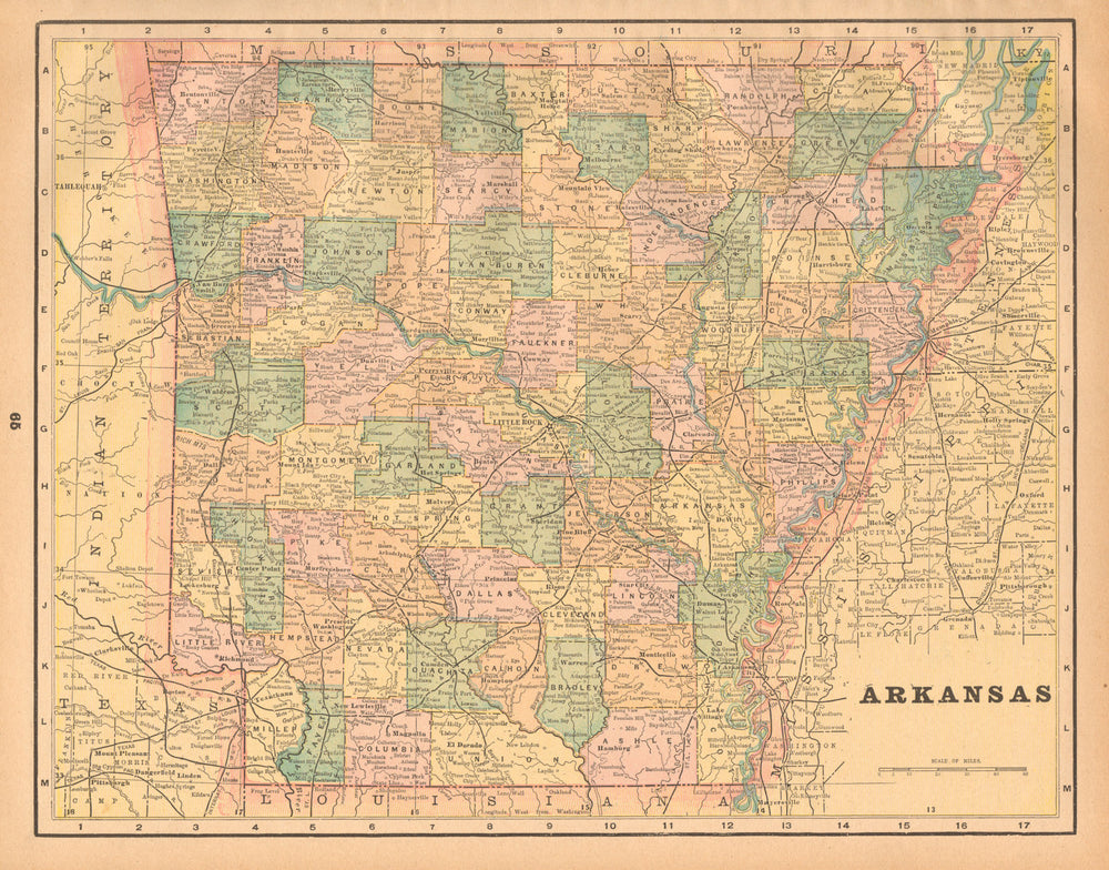 Arkansas state map in counties. CRAM 1894 old antique vintage plan chart