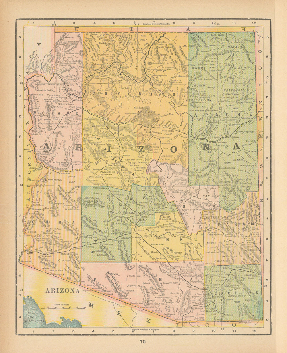 Arizona state map in counties. CRAM 1894 old antique vintage plan chart