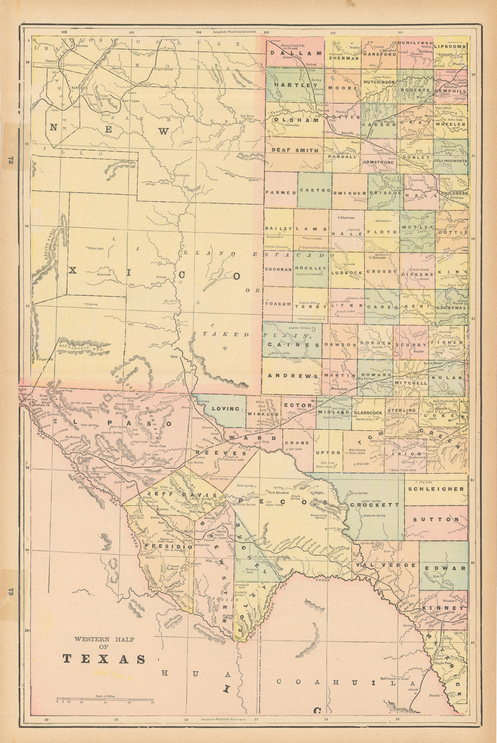 Western half of Texas state map in counties. CRAM 1894 old antique chart