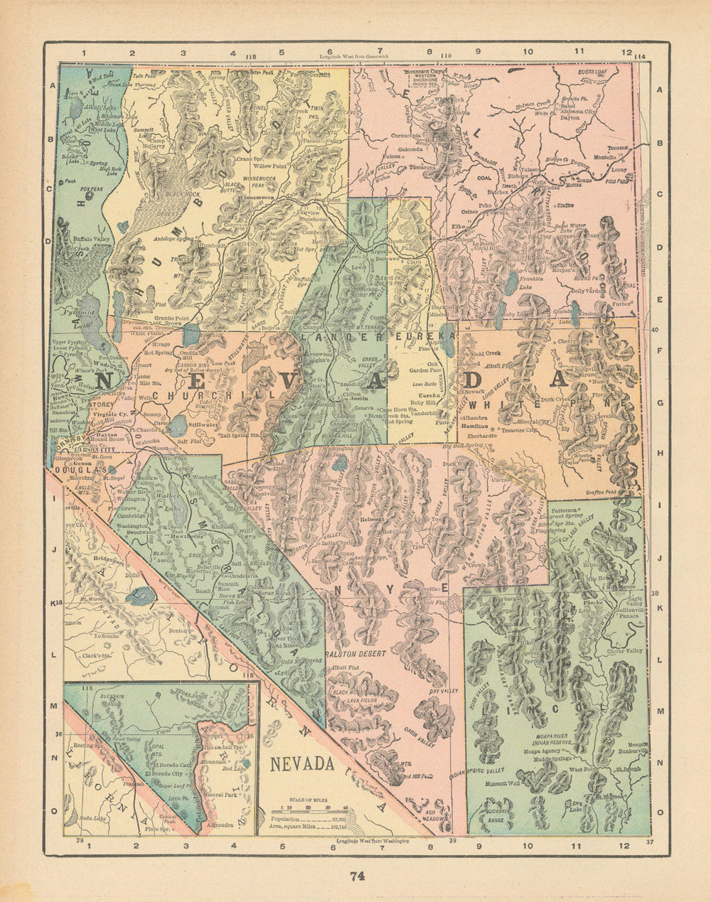 Nevada state map in counties. CRAM 1894 old antique vintage plan chart