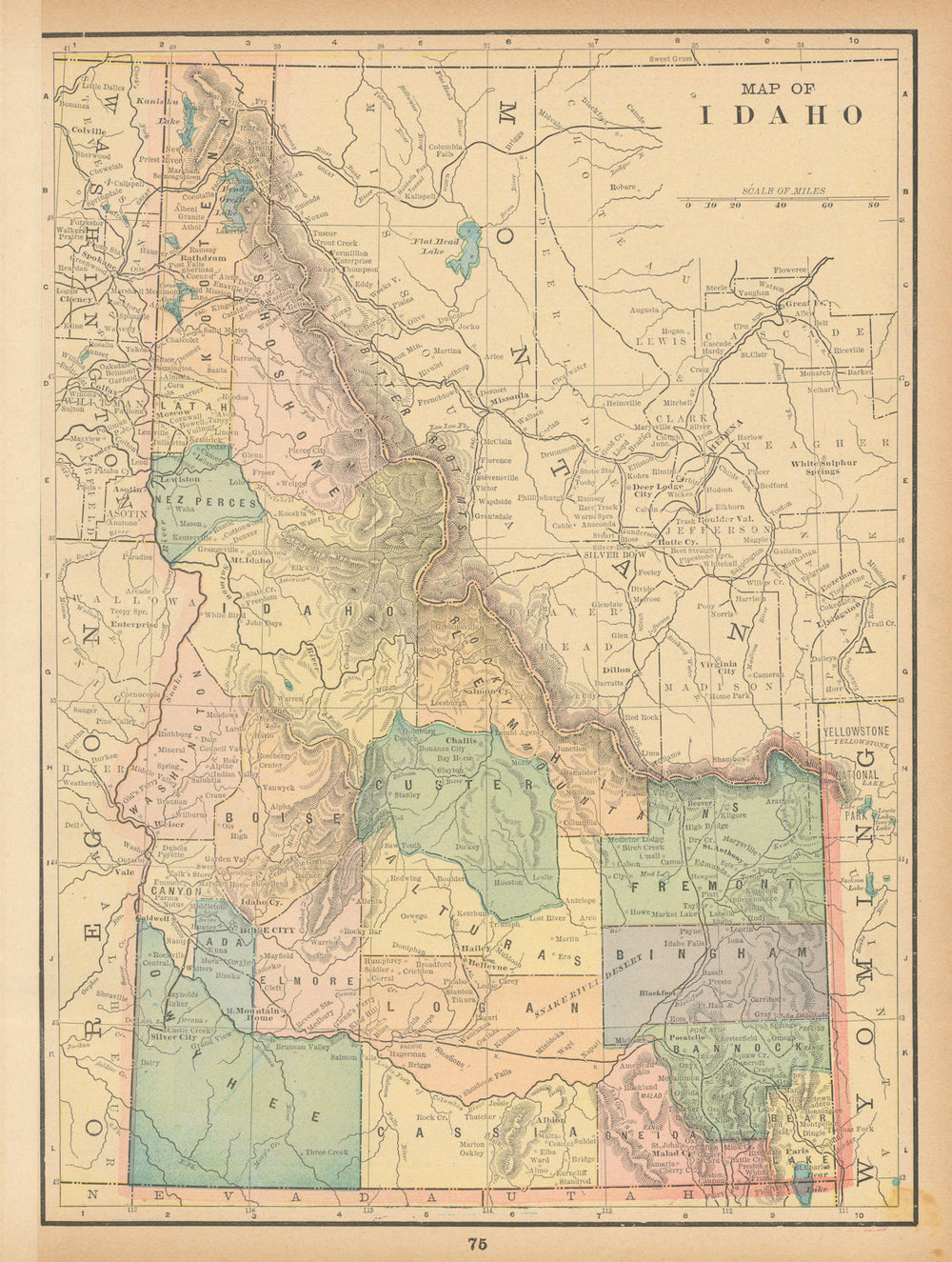 Idaho state map in counties. CRAM 1894 old antique vintage plan chart