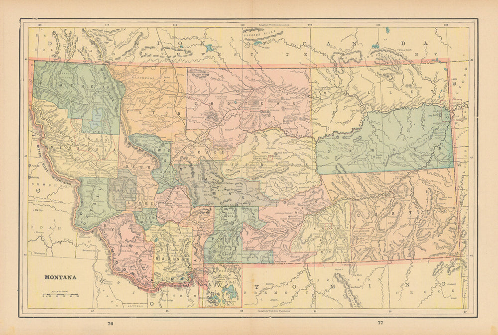 Montana state map in counties. CRAM 1894 old antique vintage plan chart