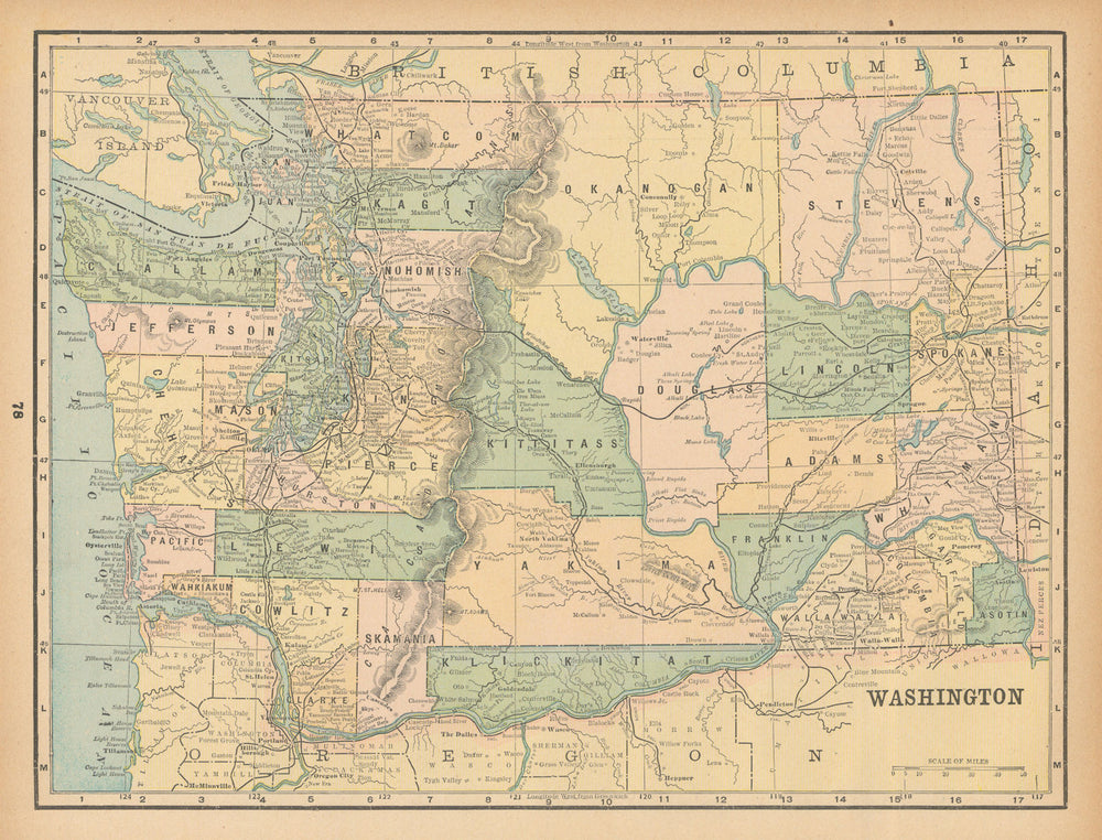 Washington state map in counties. CRAM 1894 old antique vintage plan chart