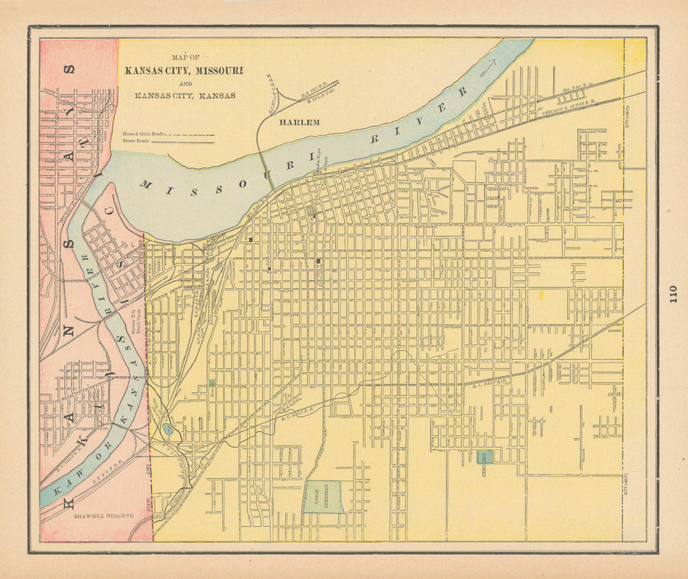 Map of Kansas City, Missouri and Kansas City, Kansas town plan. CRAM 1894