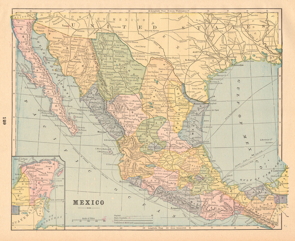 Mexico showing states & railways. CRAM 1894 old antique vintage map plan chart
