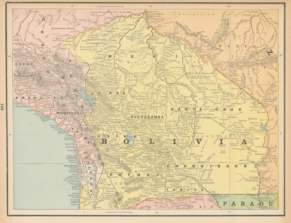 Bolivia. Native American Indian regions. Littoral province. CRAM 1894 old map