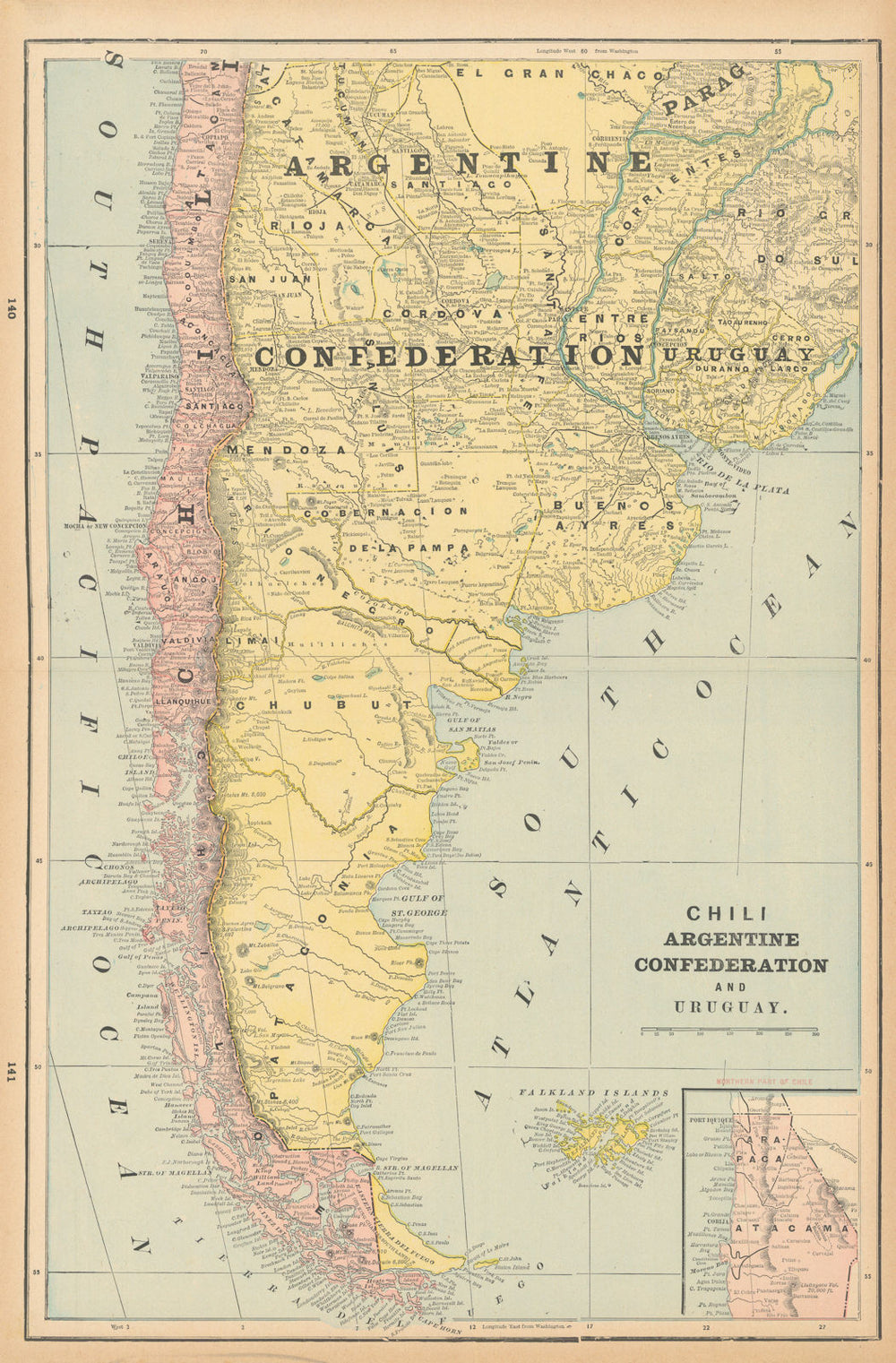 Chili, Argentine Confederation & Uruguay Chile Argentina Patagonia CRAM 1894 map