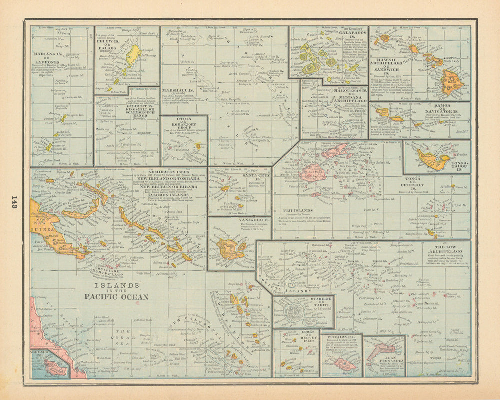 Pacific Islands. Polynesia Hawaii Samoa Fiji Tonga Tahiti Cook. CRAM 1894 map