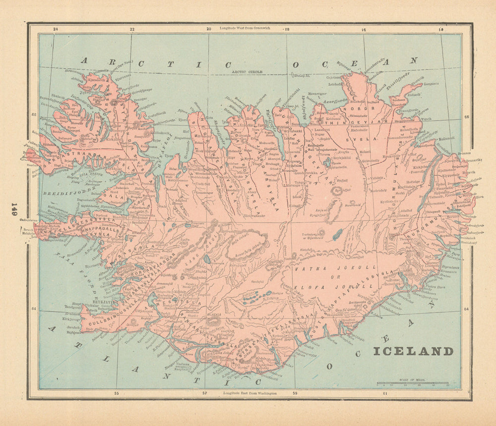 Iceland. Rivers mountains volcanoes. CRAM 1894 old antique map plan chart