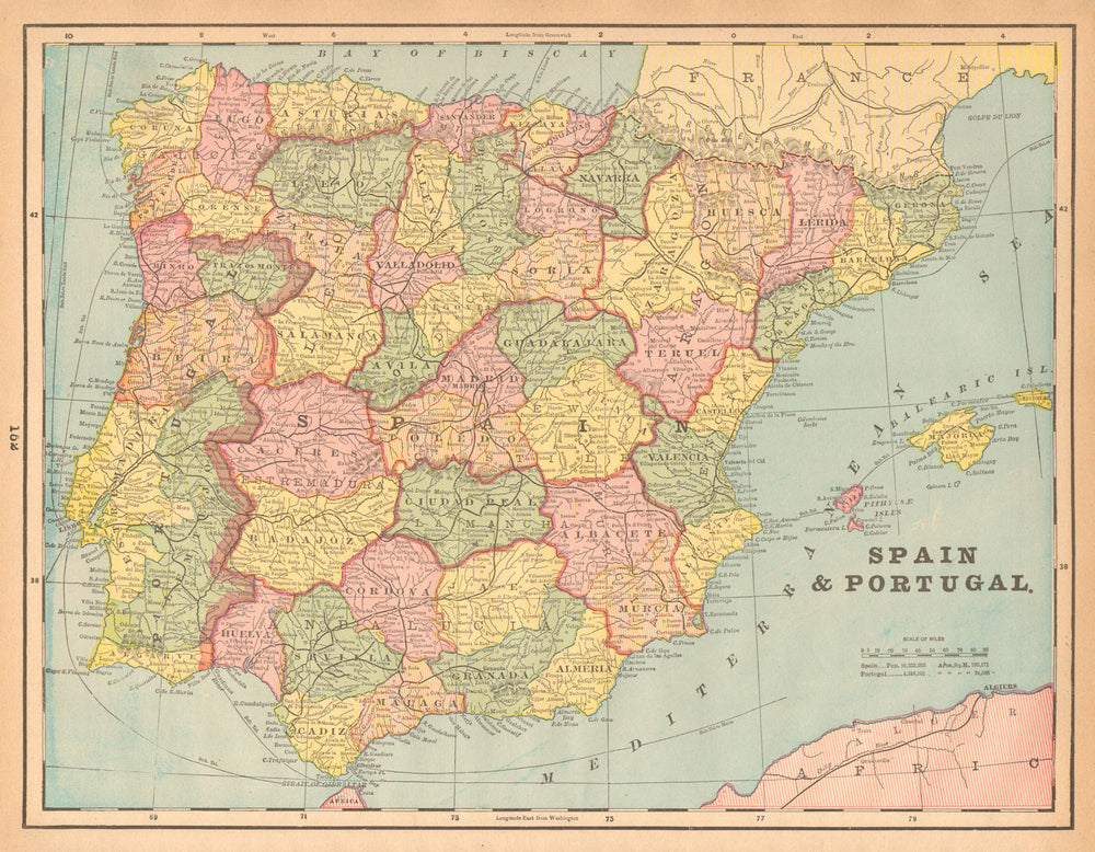Spain and Portugal. Iberia. CRAM 1894 old antique vintage map plan chart