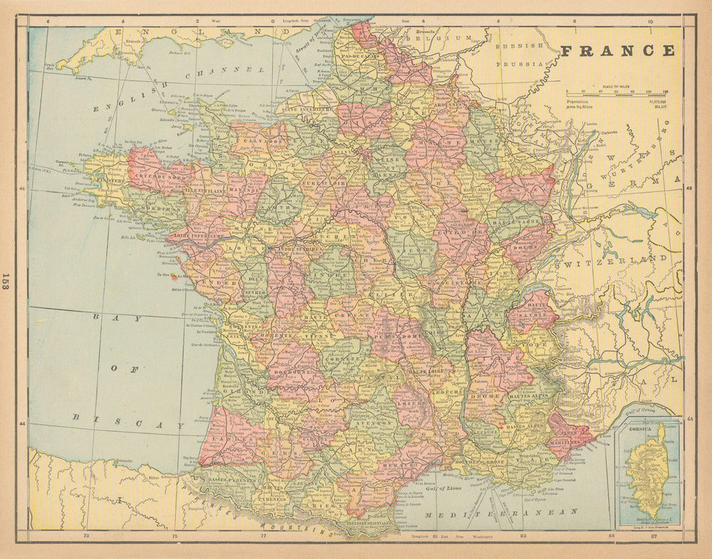 France. Exludes "German Lorraine" & Alsace. CRAM 1894 old antique map chart
