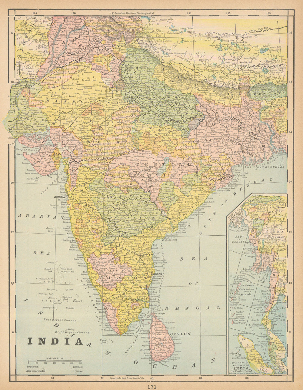 British India showing states. Nepal. CRAM 1894 old antique map plan chart