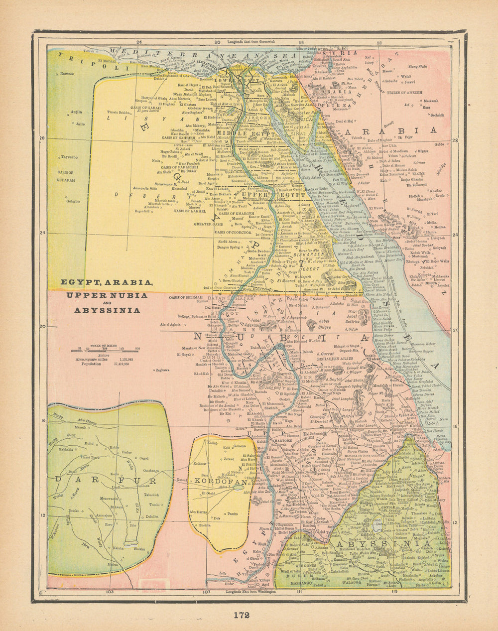 Egypt, Arabia, Upper Nubia and Abyssinia. Nile Valley. CRAM 1894 old map