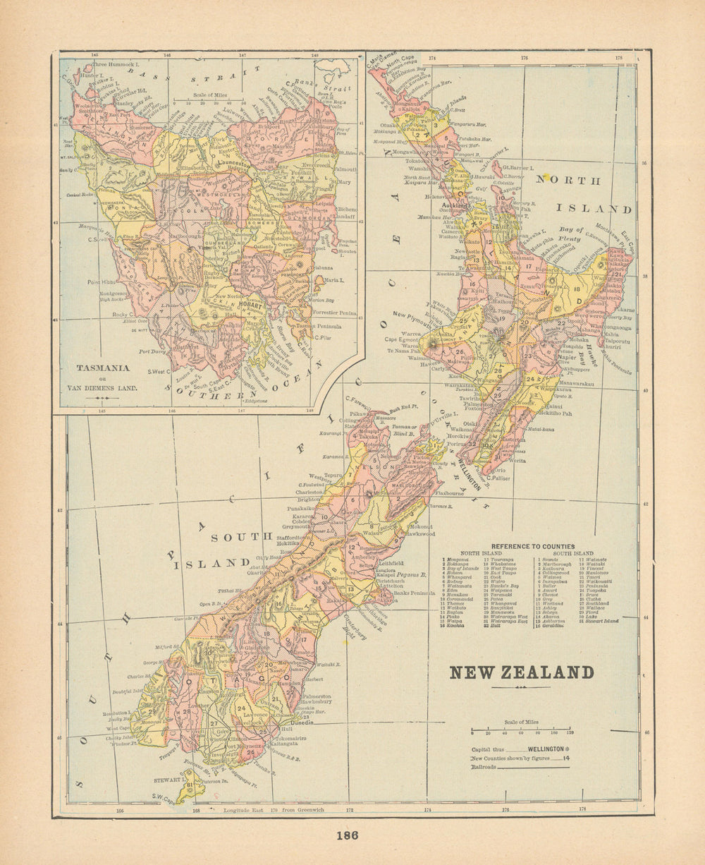 New Zealand showing counties. CRAM 1894 old antique vintage map plan chart