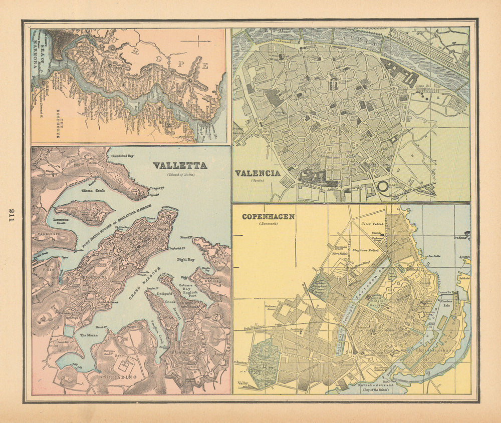 Valencia Valetta Copenhagen city plans. Bosphorus. CRAM 1894 old antique map