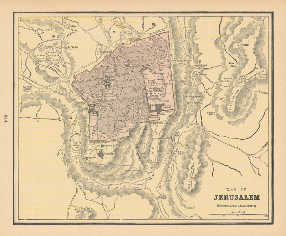 Map of Jerusalem town city plan. Israel Palestine. CRAM 1894 old antique