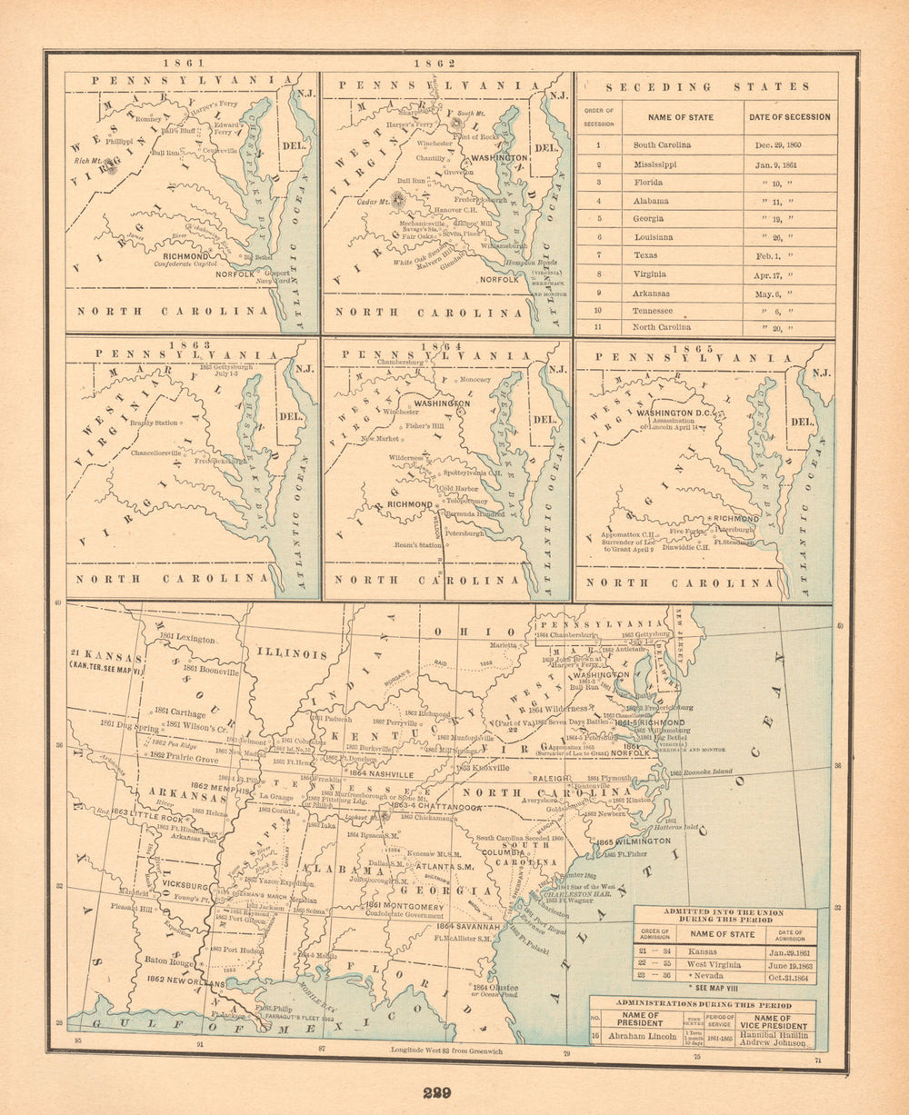 United States Historical VII. Secession 1860-1865. CRAM 1894 old antique map