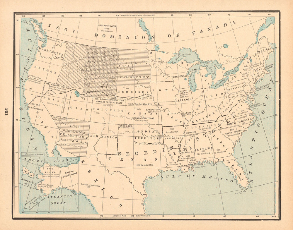 United States Historical VIII. Peace 1865-1895. CRAM 1894 old antique map