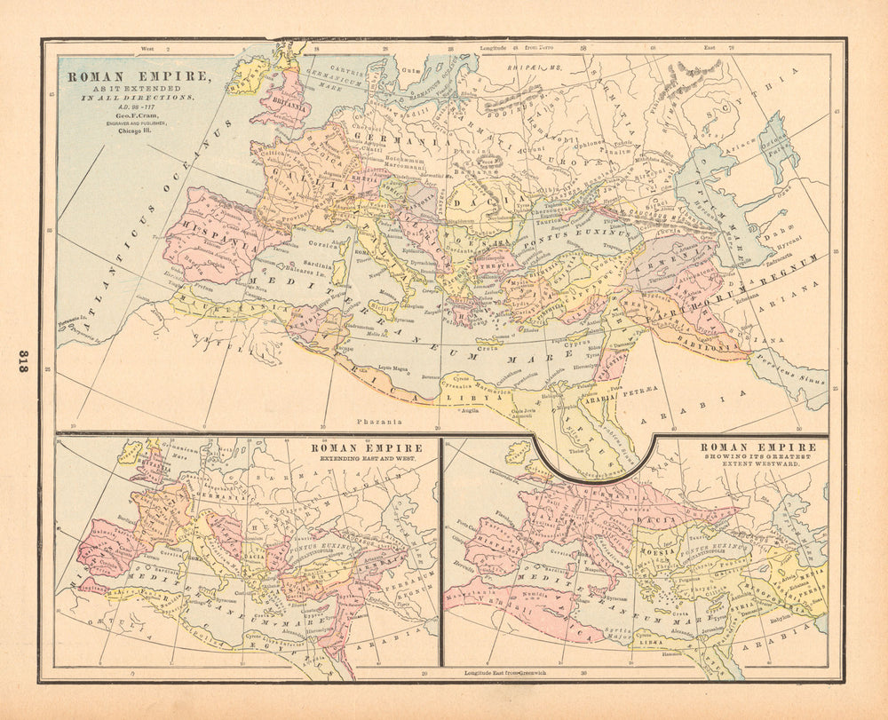 Roman Empire 98-117 AD & showing its greatest extent westward. CRAM 1894 map