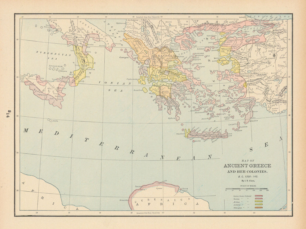 Ancient Greece and Her Colonies 1200-146 BC. CLARE 1894 old antique map chart