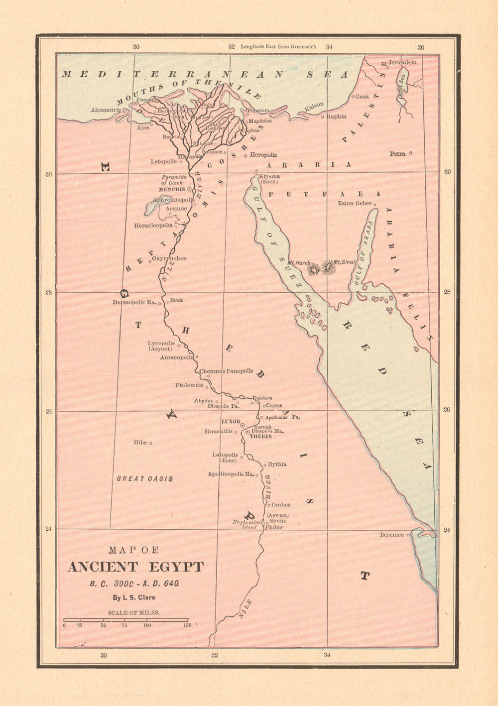 Map of Ancient Egypt 3000 BC - 640 AD. CLARE 1894 old antique plan chart