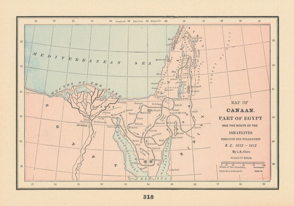 Canaan Egypt. Israelites route through the Wilderness 1652-1612 BC 1894 map