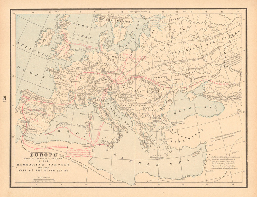 Europe. Barbarian inroads on the fall of the Roman Empire. CRAM 1894 old map