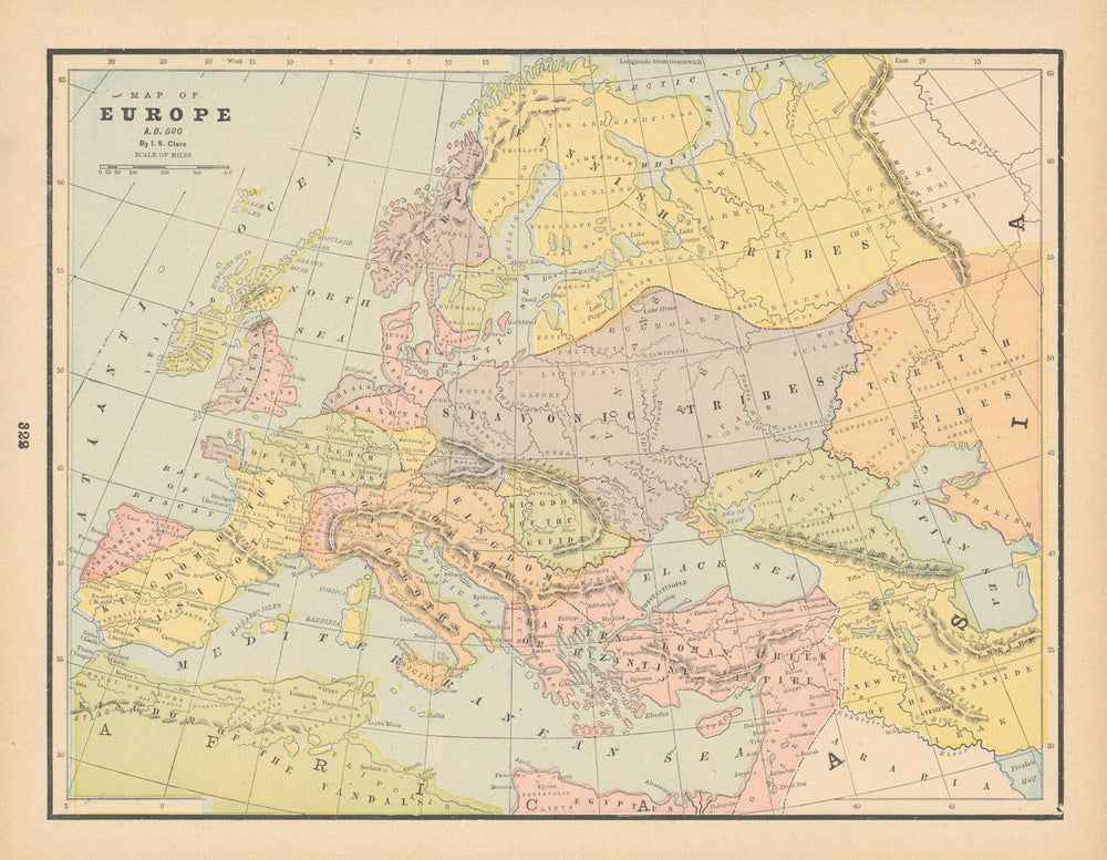 Map of Europe, AD 500 by I.S. CLARE 1894 old antique vintage plan chart