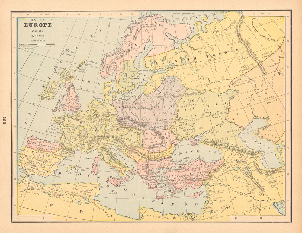 Map of Europe, AD 800 by I.S. CLARE 1894 old antique vintage plan chart