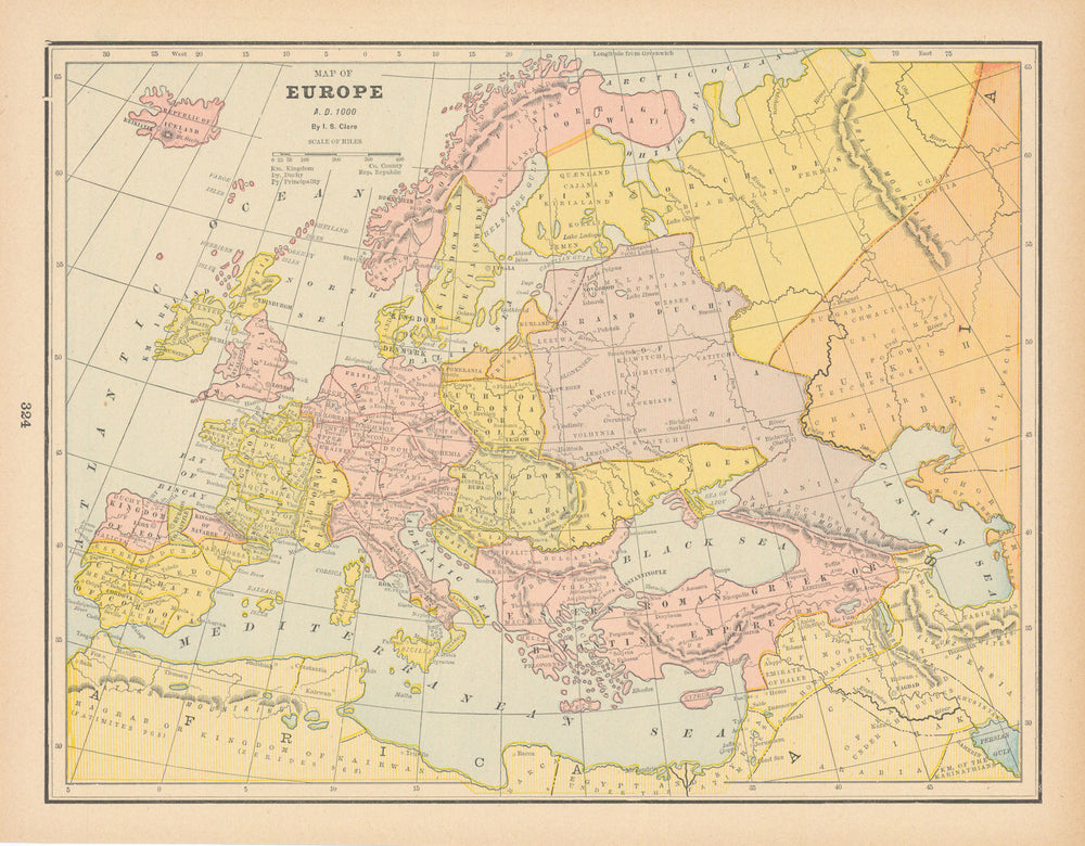 Map of Europe, AD 1000 by I.S. CLARE 1894 old antique vintage plan chart