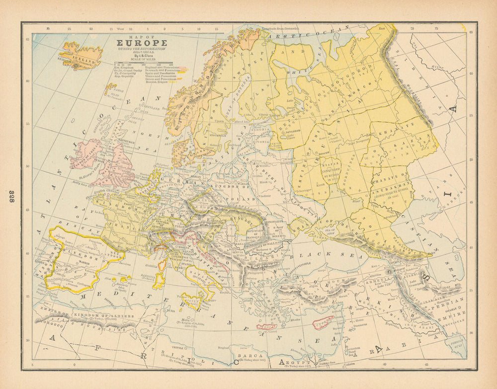Map of Europe, during the Reformation, about 1550 AD. CLARE 1894 old