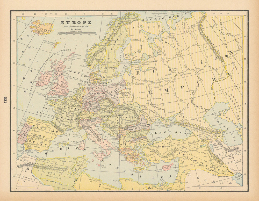 Map of Europe since Treaty of Berlin, AD 1878. CLARE 1894 old antique
