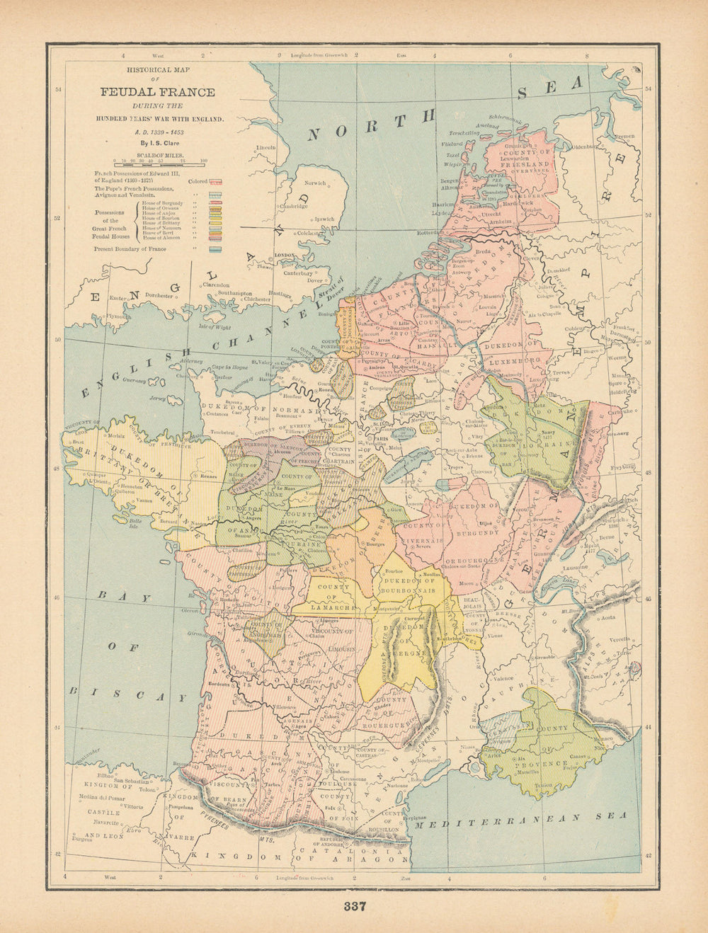 Feudal France during Hundred Years War with England AD 1339-1453. CLARE 1894 map