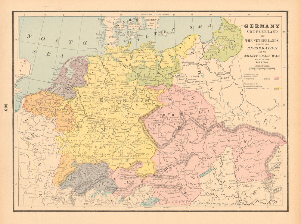 Germany, Switzerland & Netherlands. Reformation 30 Years War 1517-1648 1894 map