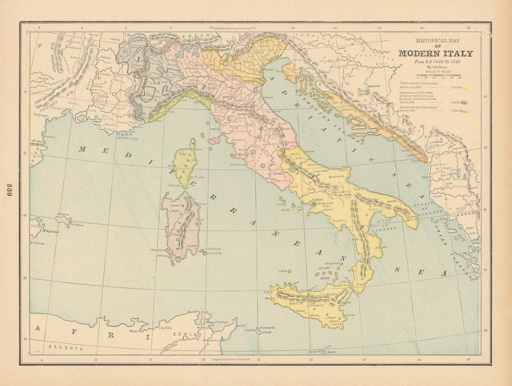 Historical Map of Modern Italy, A.D 1492-1797. CLARE 1894 old antique