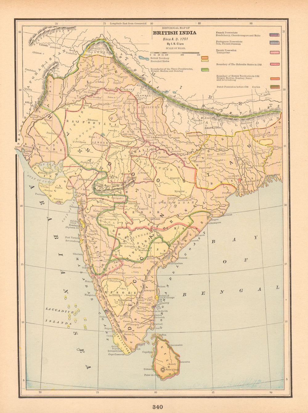 Historical Map of British India since A.D 1751. CLARE 1894 old antique