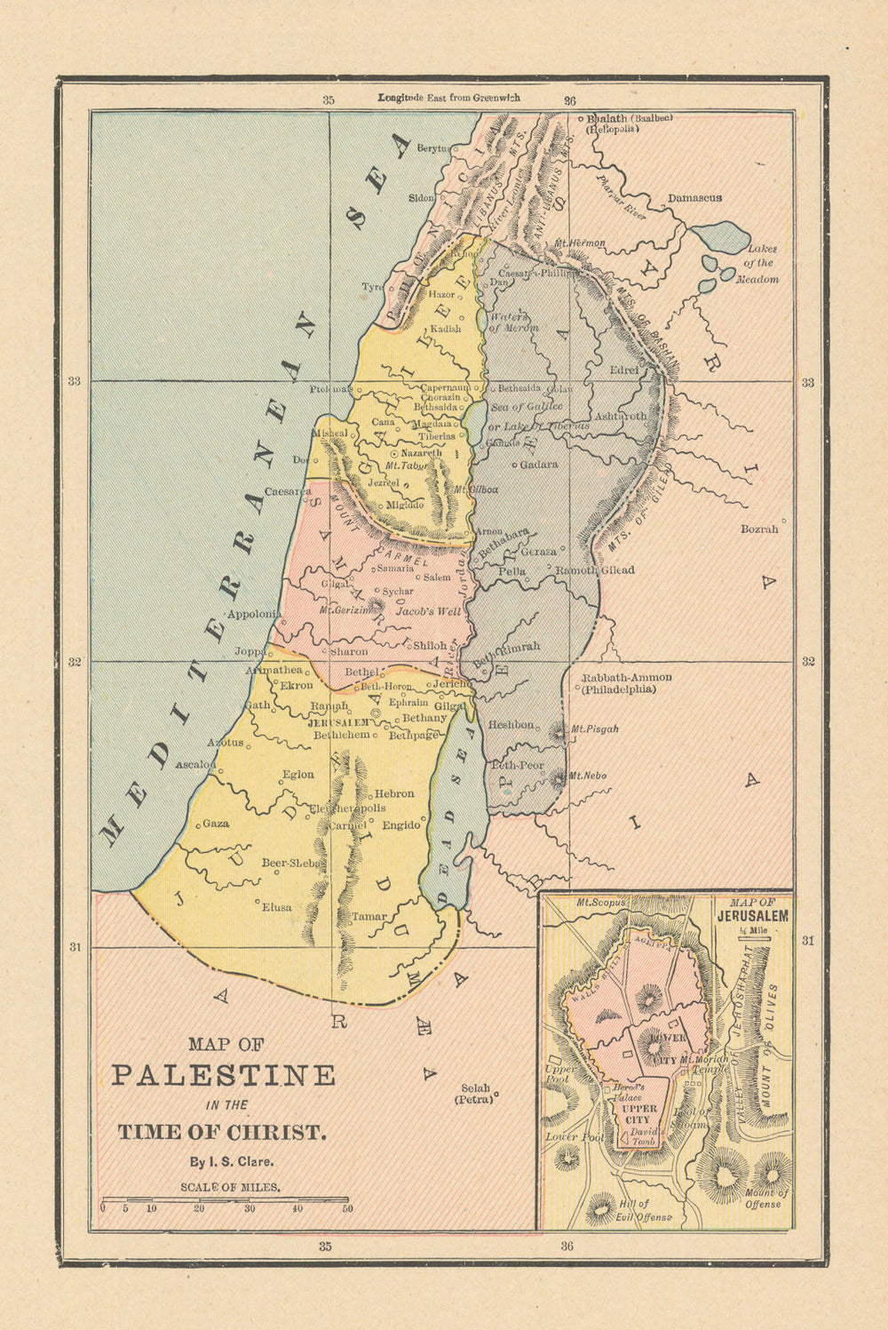 Map of Palestine in the time of Christ. Israel Holy Land. CLARE 1894 old