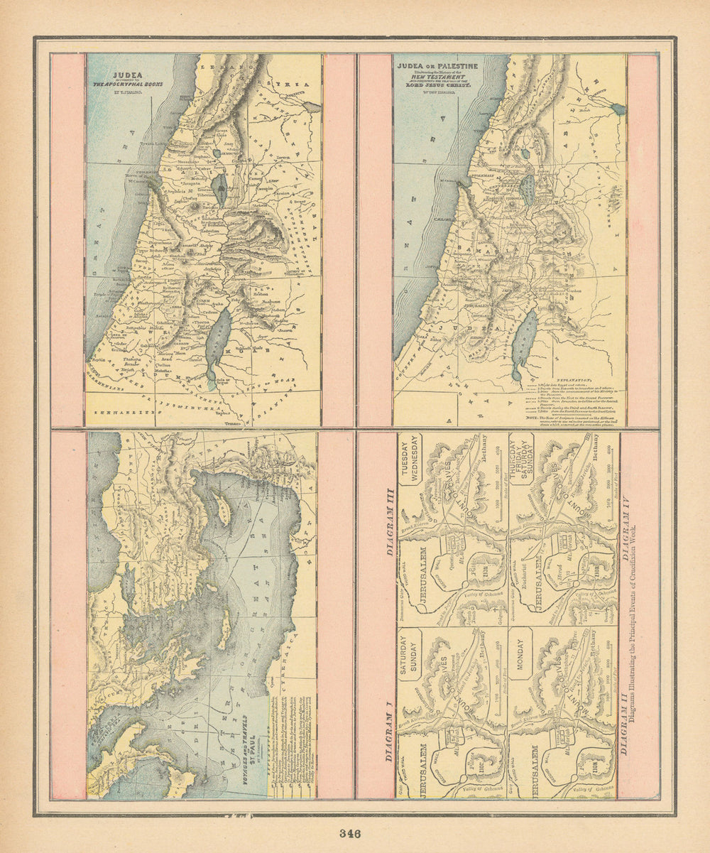 New Testament Judea. St Paul's Travels. Crucifixion Week. Israel. CRAM 1894 map