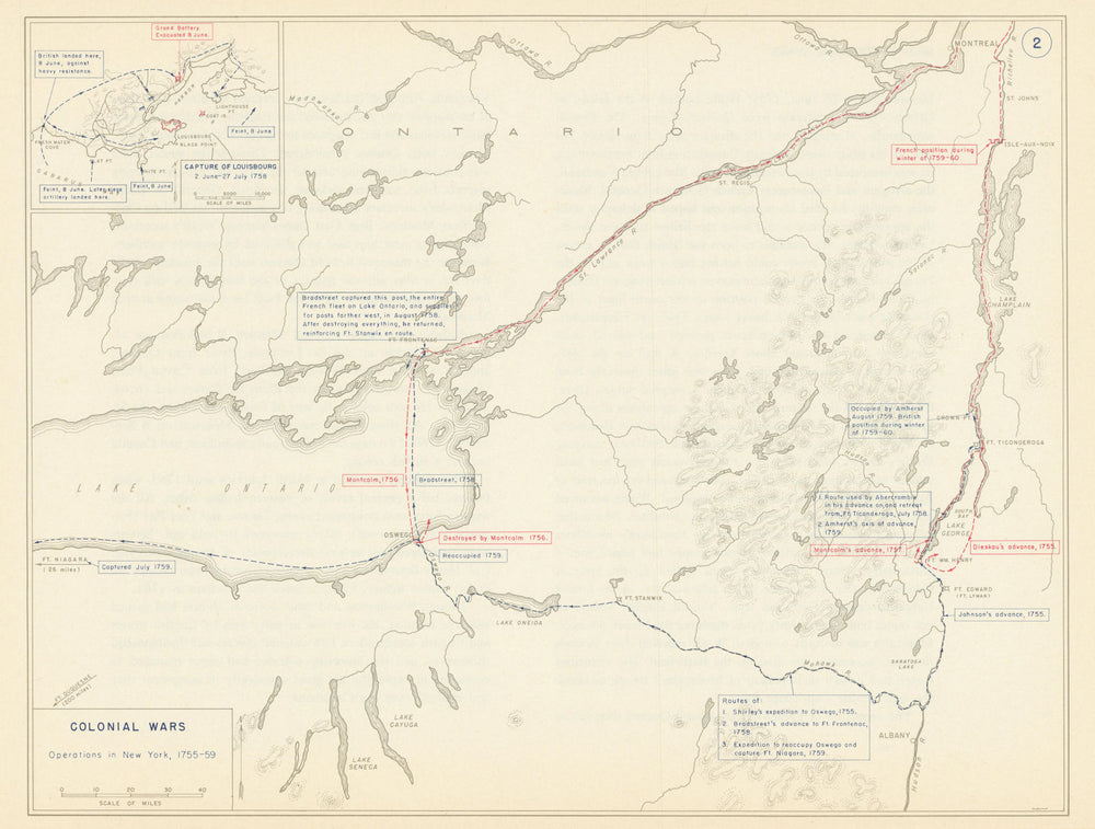French & Indian War. 1755-59 New York. 1758 Siege of Louisbourg 1959 old map