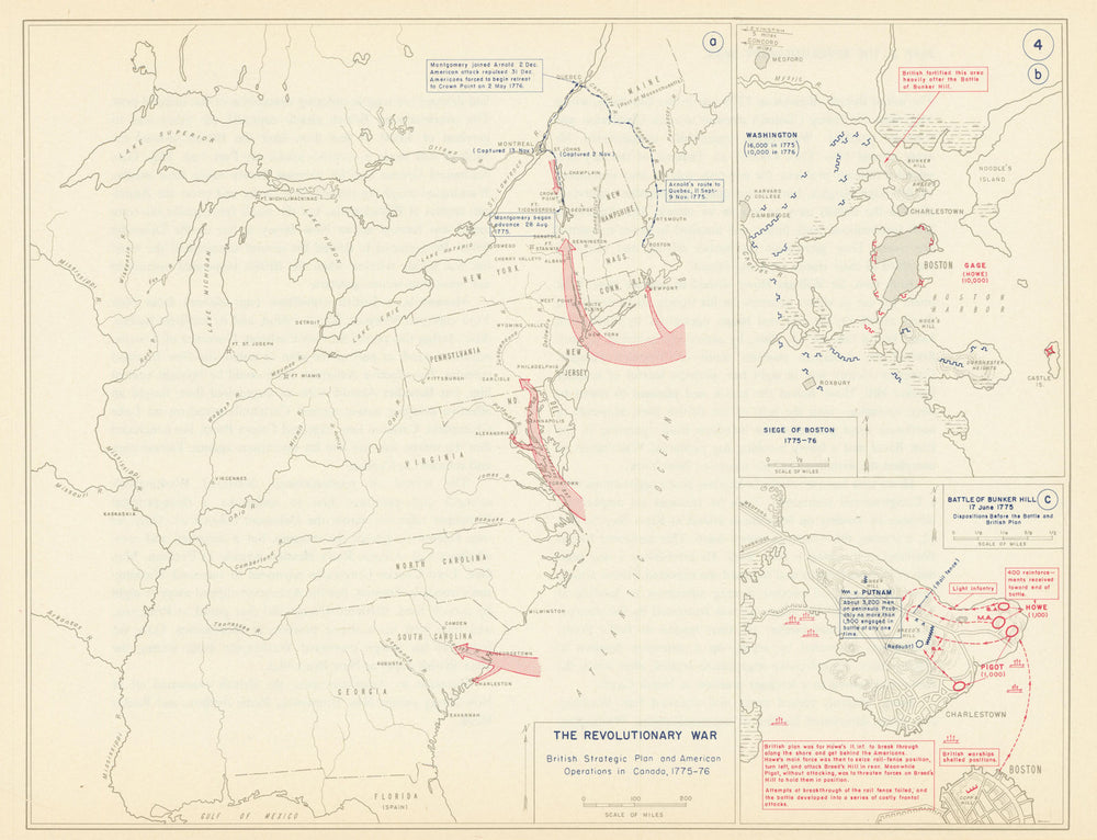 Revolutionary War 1775-6 British Strategy. Siege of Boston. Bunker Hill 1959 map