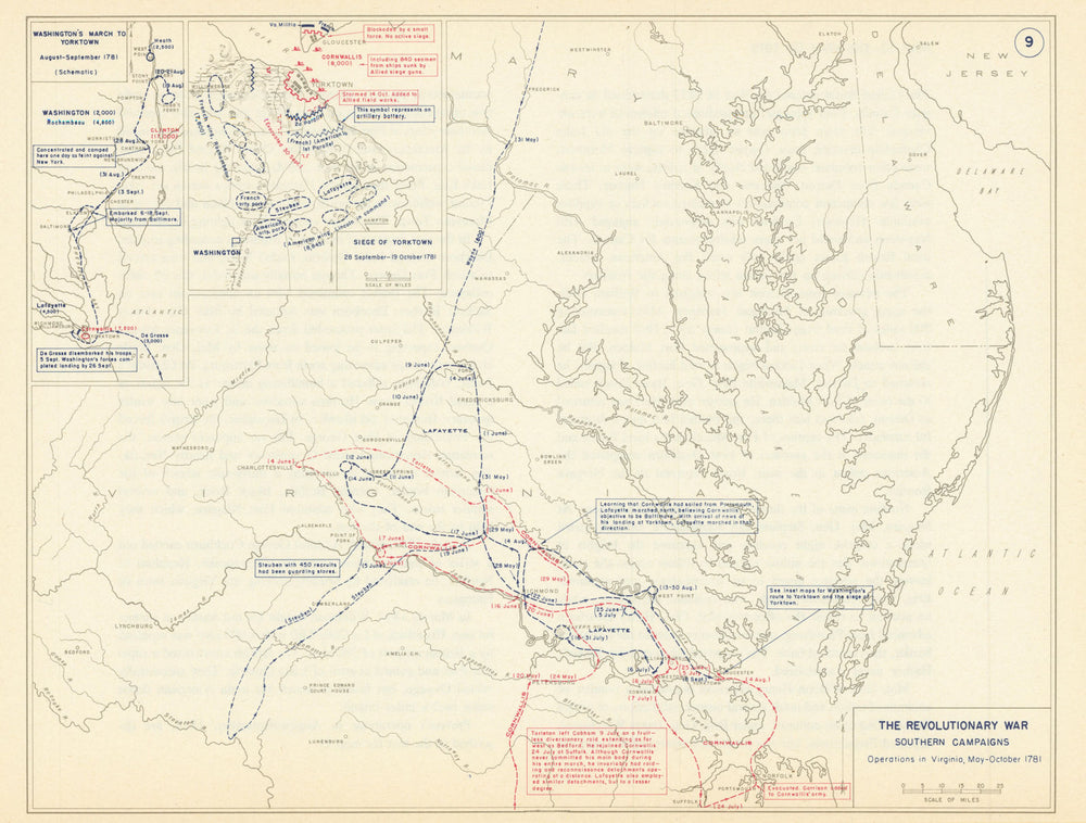 Revolutionary War 1781 Virginia. Washington's March & Siege of Yorktown 1959 map