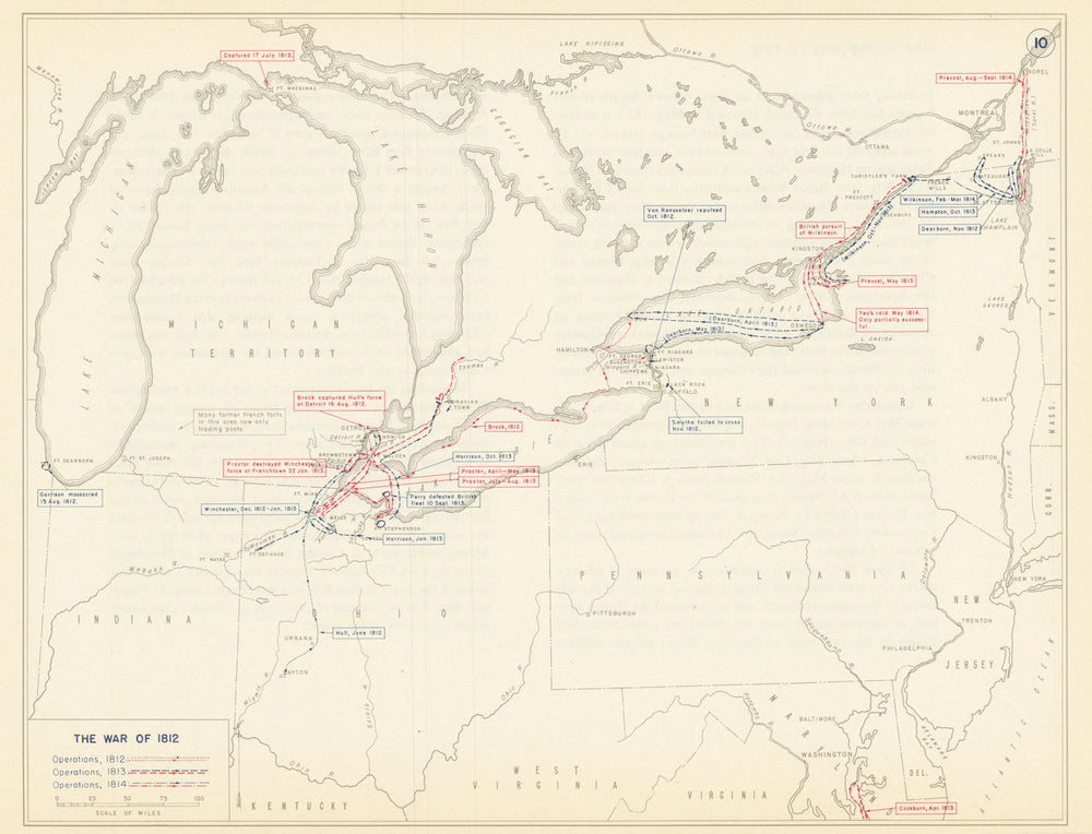 War of 1812. Operations in 1812-1814 in Canada New York Ohio Michigan 1959 map