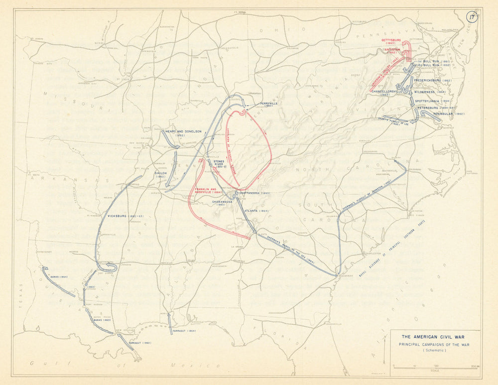 American Civil War. Principal Campaigns of the War. United States 1959 old map