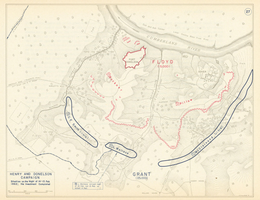 American Civil War. 14-15 night February 1862. Battle of Fort Donelson 1959 map