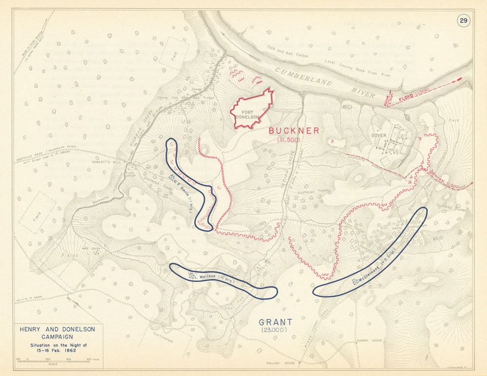 American Civil War. 15-16 night February 1862. Battle of Fort Donelson 1959 map