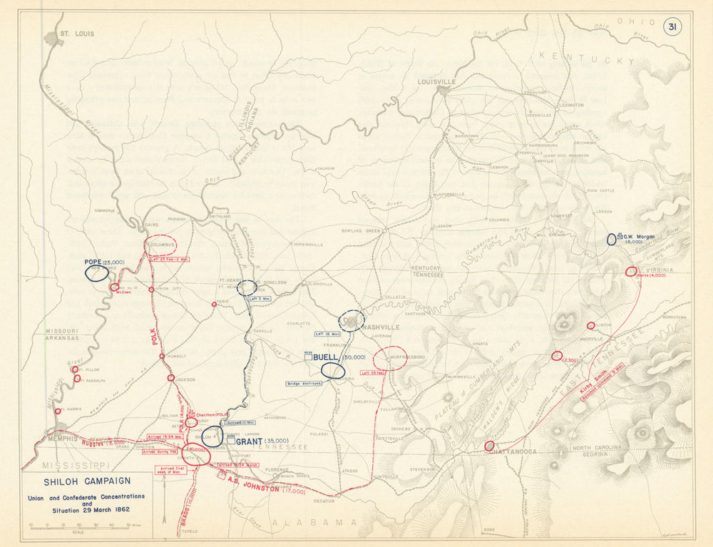 American Civil War. Situation 29 March 1862. Shiloh Campaign 1959 old map