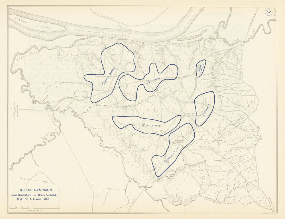 American Civil War 5-6 April 1862 Shiloh Battlefield Union Dispositions 1959 map