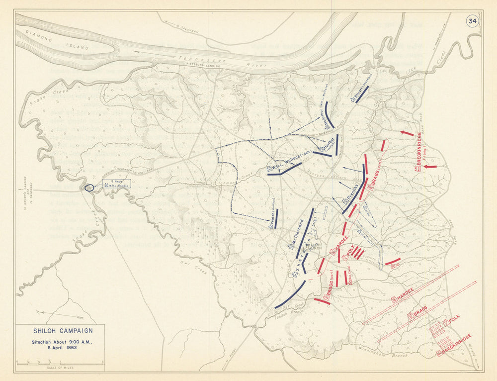 American Civil War. 9am 6 April 1862. Battle of Shiloh. Tennessee 1959 old map